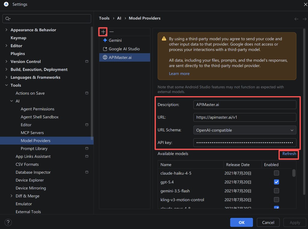 Android Studio Modellanbieter — APIMaster.ai hinzufügen
