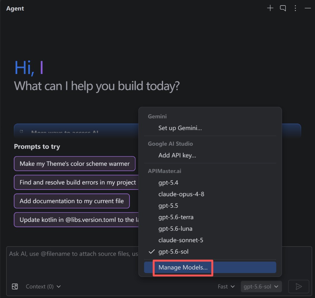 Android Studio Agent — APIMaster-Modell auswählen