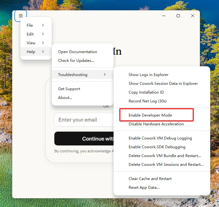 Windows：菜单 → Help → Troubleshooting → Enable Developer Mode