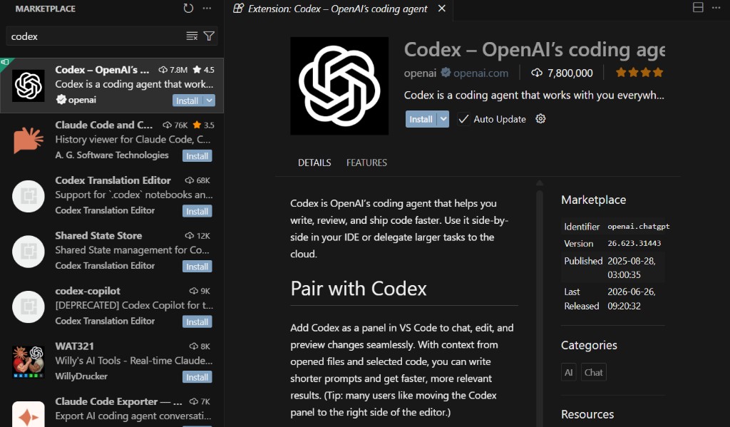 Instalar Codex do marketplace