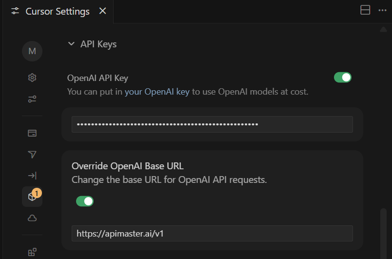 Configurações do Cursor: chave de API e substituição da URL base