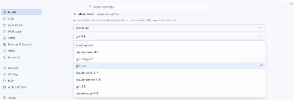 Hermes Desktop：Settings → Model → Main model，Provider 选 Custom endpoint，Model 选择具体模型 ID