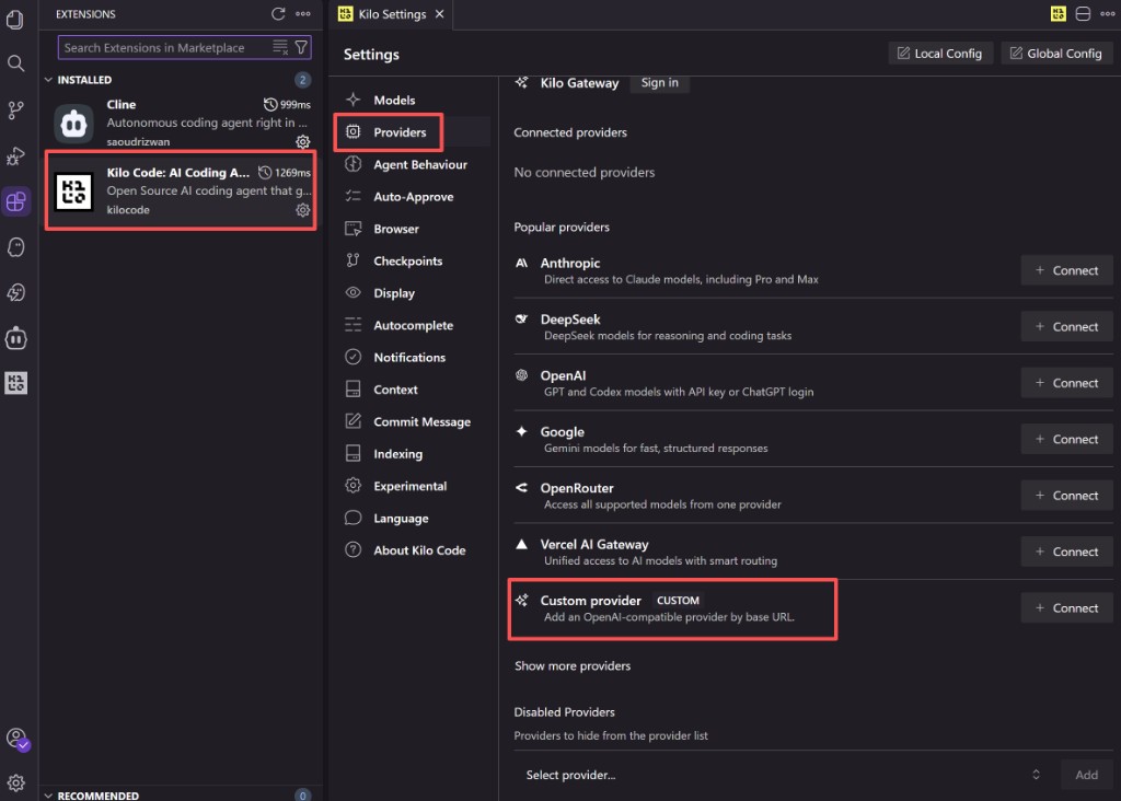 Kilo Settings → Providers，底部 Custom provider