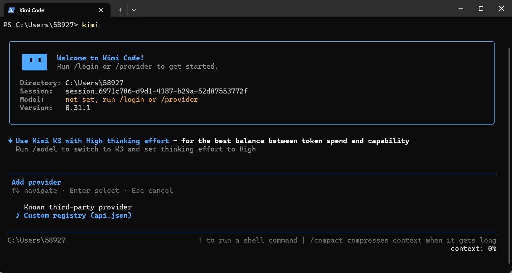 Add provider: chọn Custom registry (api.json)