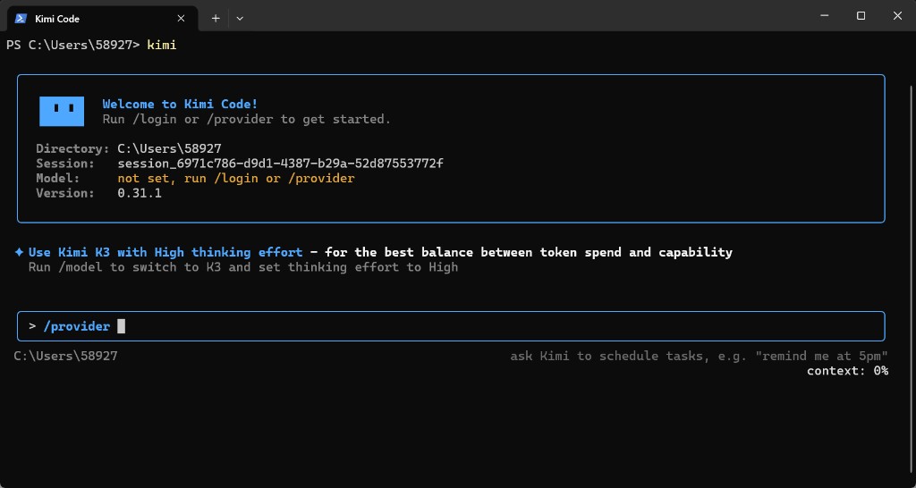 Khởi động Kimi Code và nhập /provider