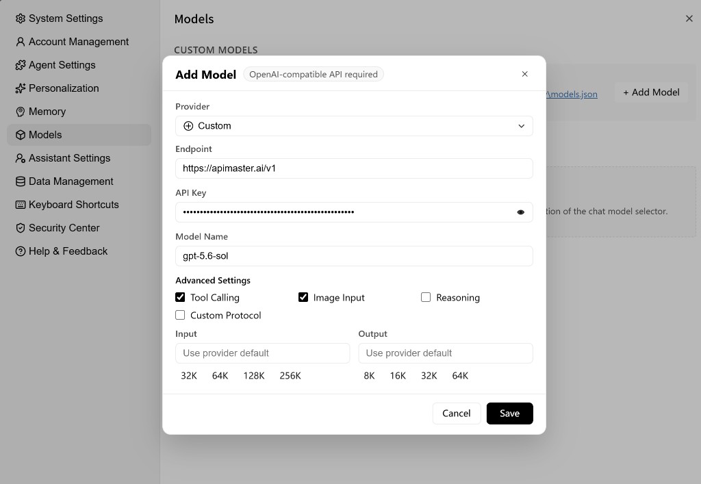 Add Model：Endpoint = apimaster.ai/v1 + Model Name