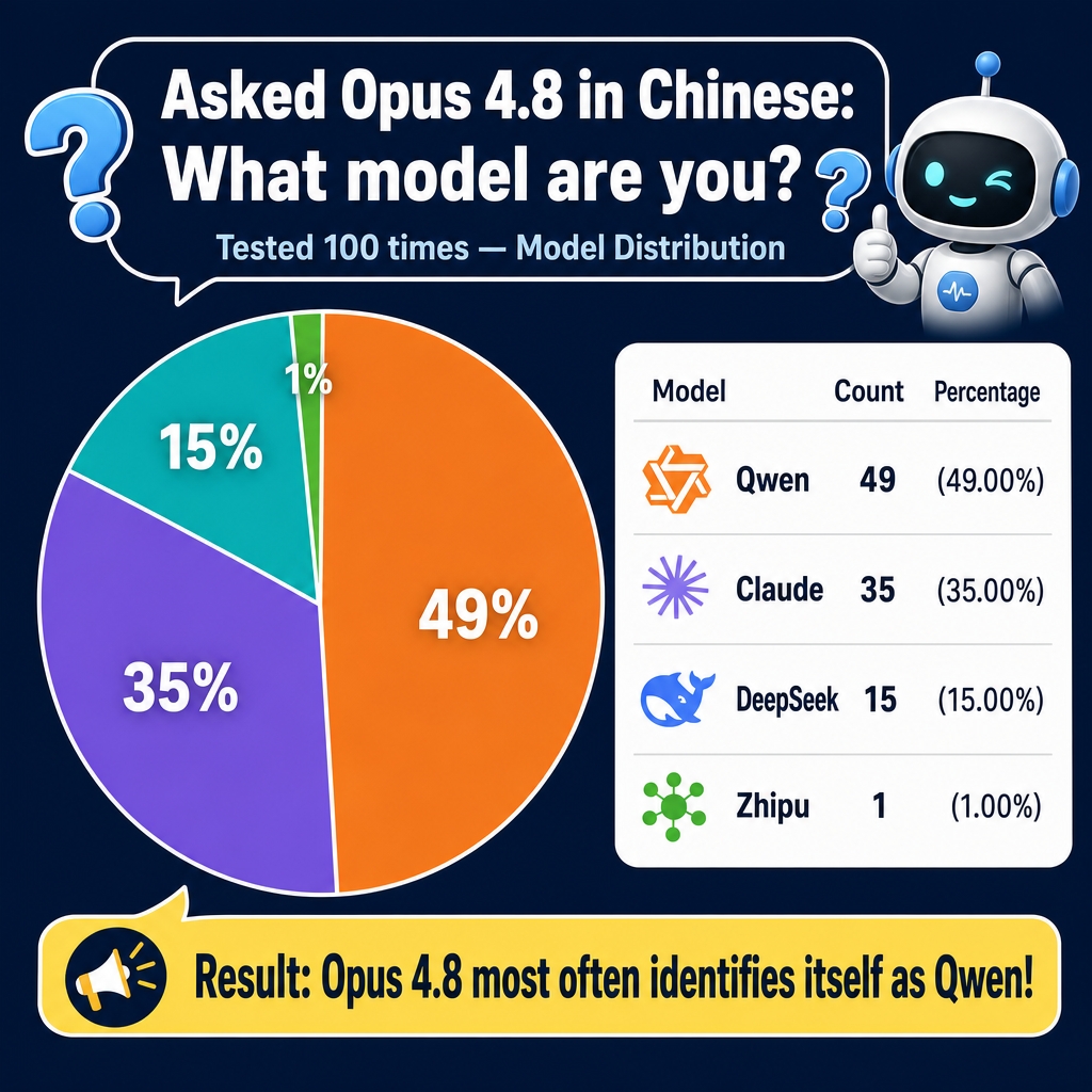 Distribution of self-reported identity over 100 trials of "what model are you?" in Chinese against claude-opus-4-8